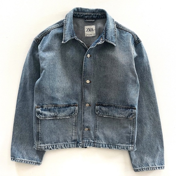 Zara Denim Utility Jacket Boxy Fit Rigid Cotton Mens Size Large - Picture 11 of 11